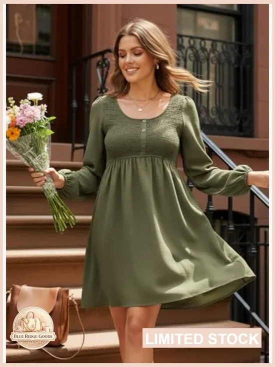 Long Sleeve Smocked Empire Waist A-Line Mini Dress Casual Elegant Chic - Picture 4 of 7